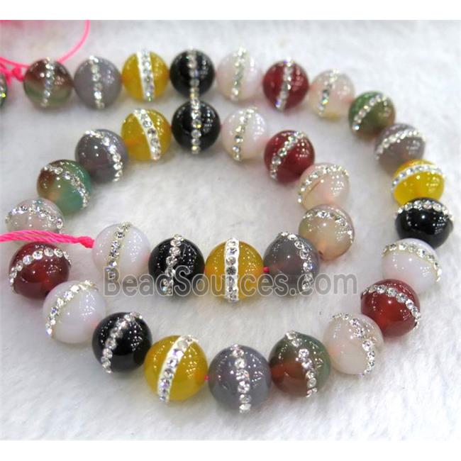 agate beads paved rhinestone, round, mixed color