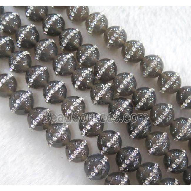 gray Agate bead, paved rhinestone, round