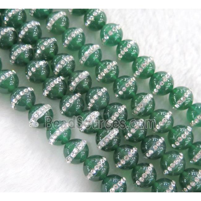 green Agate bead paved rhinestone, round