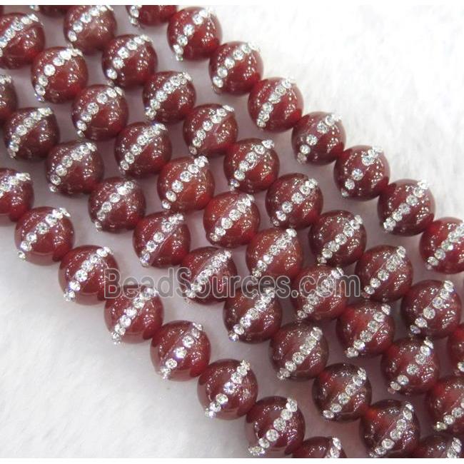 red Agate bead paved rhinestone, round