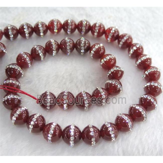 red Agate bead paved rhinestone, round