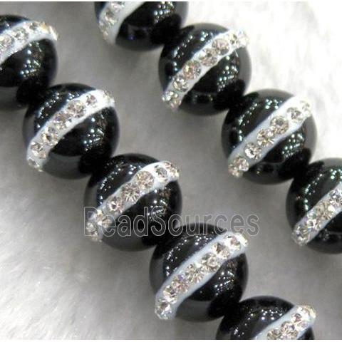 black Agate bead paved rhinestone, round