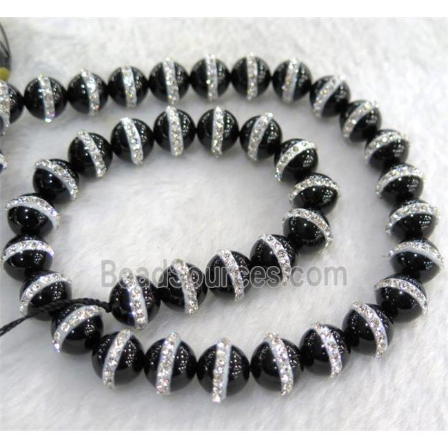 black Agate bead paved rhinestone, round