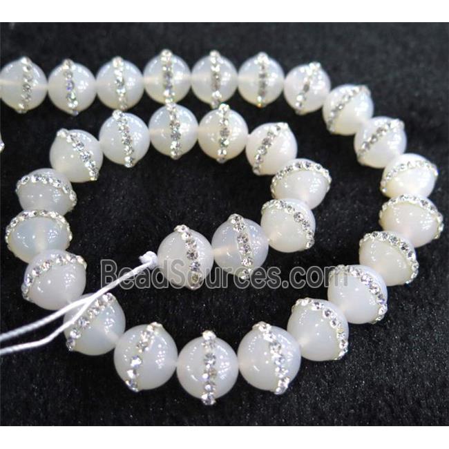 white Agate beads, paved rhinestone, round