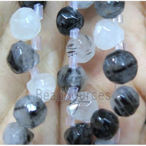 black Rutilated Quartz beads, faceted teardrop