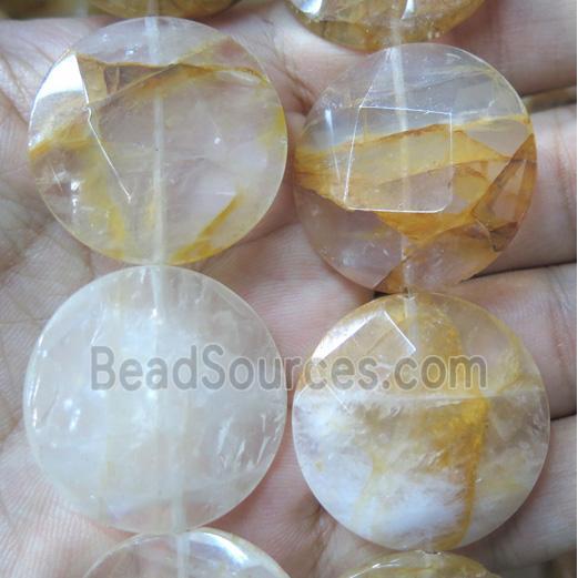 Iron-Quartz bead, faceted flat-round, yellow