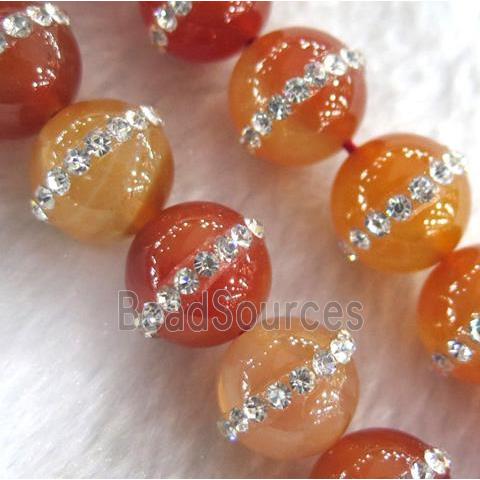 red agate beads with rhinestone, round