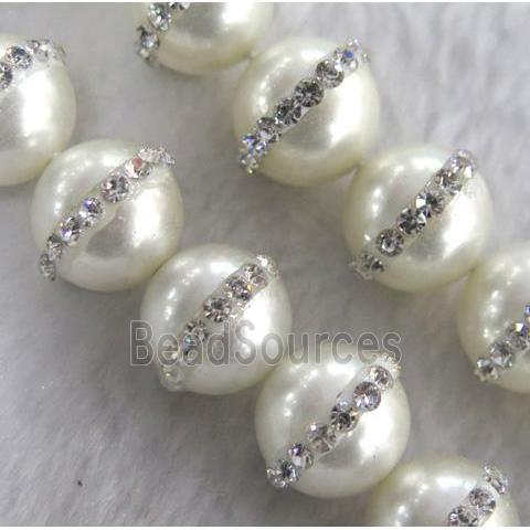 peral shell beads with rhinestone, round, white