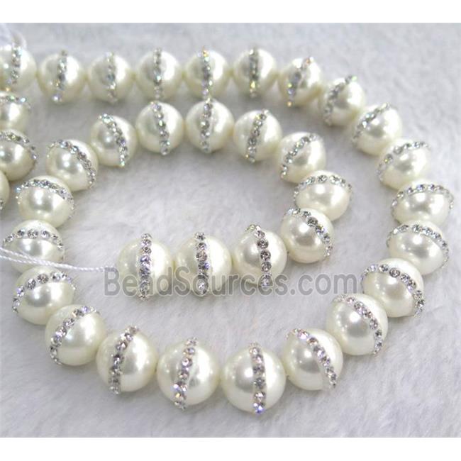 peral shell beads with rhinestone, round, white