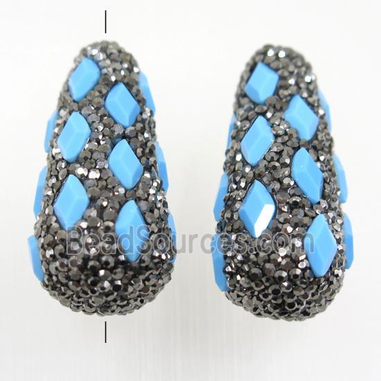 blue crystal glass beads paved rhinestone, teardrop