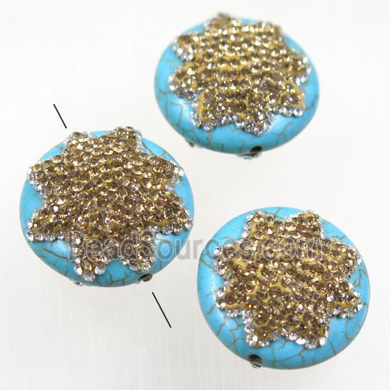 blue turquoise beads paved yellow rhinestone, coin