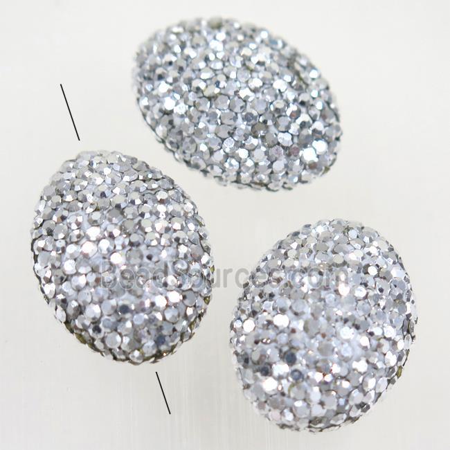 Resin oval beads paved silver rhinestone