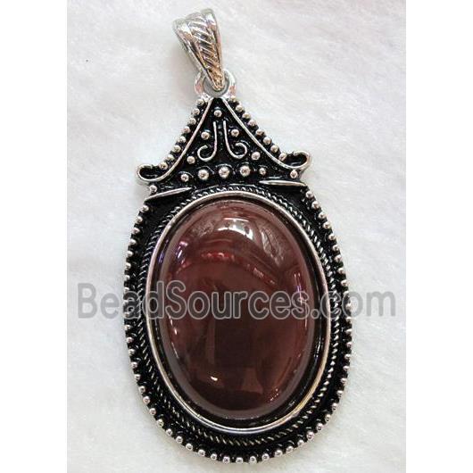 Red Dye Agate Oval Pendant Alloy Antique Silver