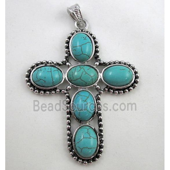 turquoise pendant, cross, antique silver