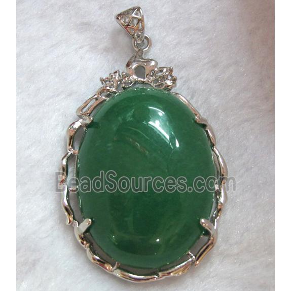 green jade pendant, oval, platinum plated, copper setting