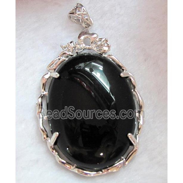 black onyx pendant, oval, platinum plated