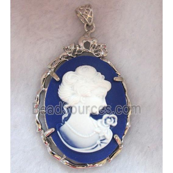 Victorian Lady Portrait Cameo resin pendant, platinum plated