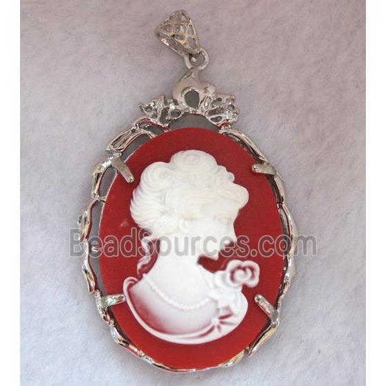 Victorian Lady Portrait Cameo resin pendant, platinum plated