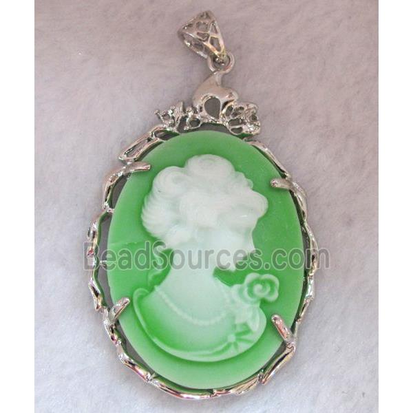 Victorian Lady Portrait Cameo resin pendant, platinum plated