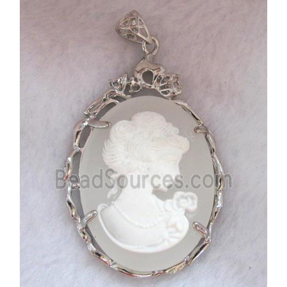 Victorian Lady Portrait Cameo resin pendant, platinum plated