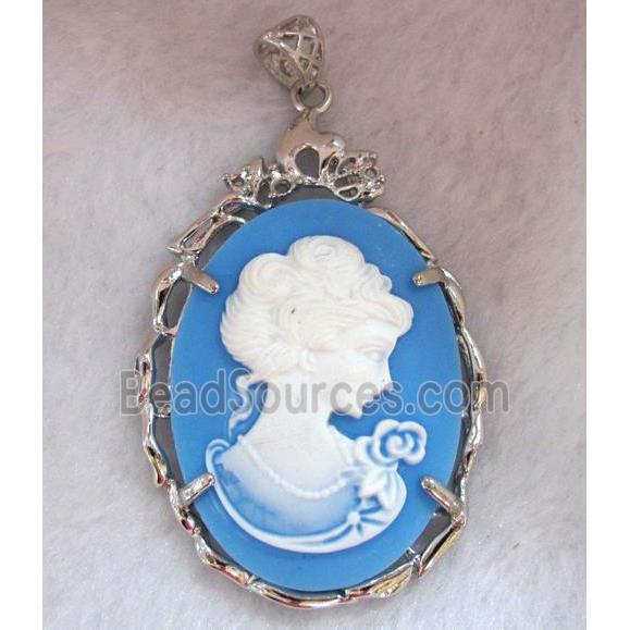 Victorian Lady Portrait Cameo resin pendant, platinum plated