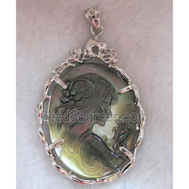 Victorian Lady Portrait Cameo, black shell pendant, platinum plated