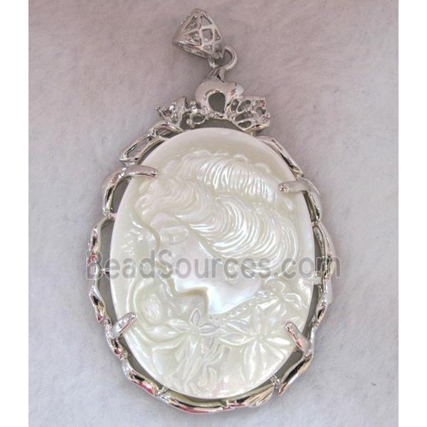 Victorian Lady Portrait Cameo, shell pearl pendant, platinum plated