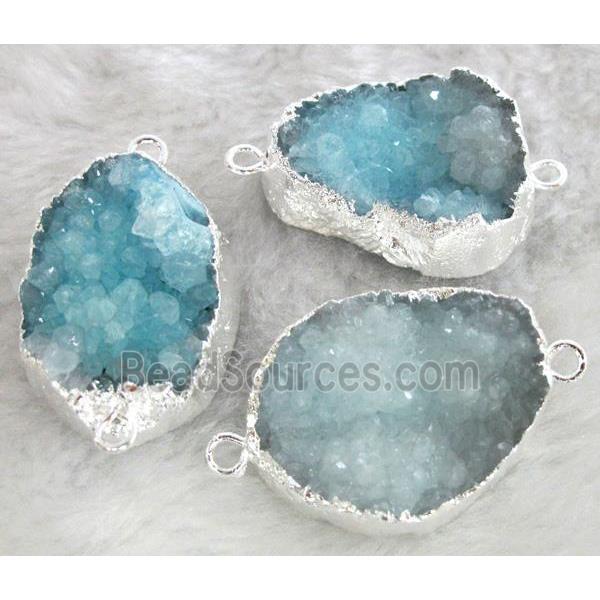 blue druzy quartz connector, freeform, silver plated