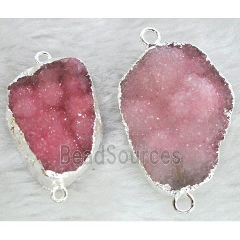 pink druzy quartz connector, silver