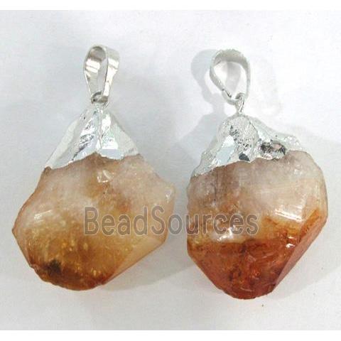 natural healing citrine pendant, freeform nugget, silver plated