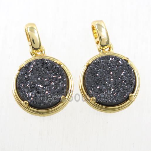 black Druzy Agate pendant, flat-round, gold plated