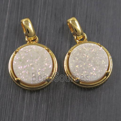 white AB-color Druzy Agate pendant, flat-round, gold plated