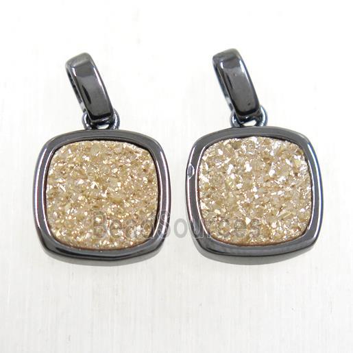 golden champagen Druzy Agate pendant, square, black plated