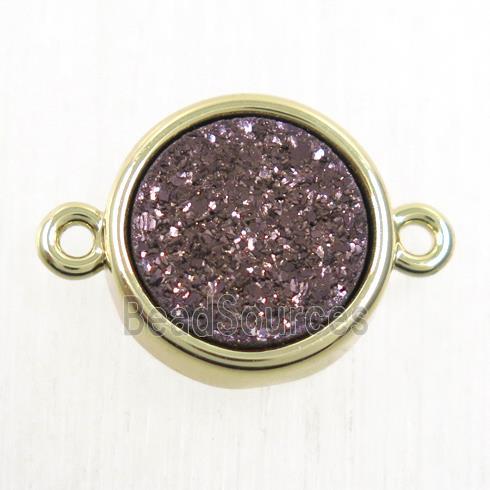 coffee Druzy Agate connector, flat-round, gold plated