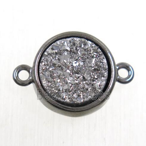 silver Druzy Agate connector, flat-round, black plated