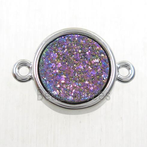 rainbow Druzy Agate connector, flat-round, platinum plated