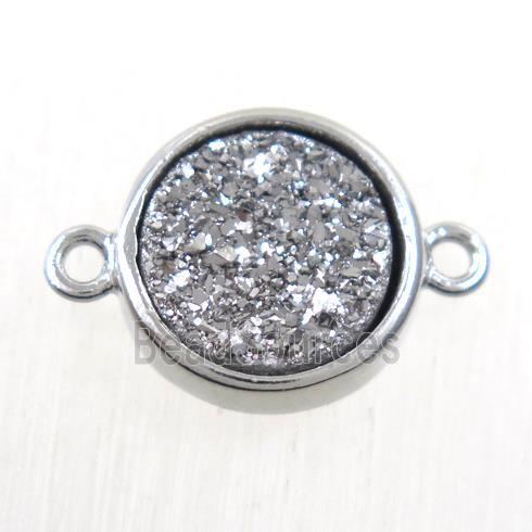 silver Druzy Agate connector, flat-round, platinum plated