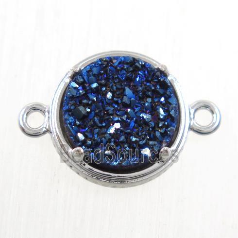 blue Druzy Agate connector, flat-round, platinum plated