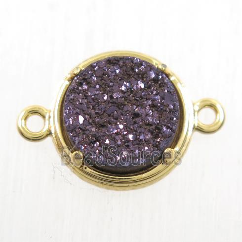 coffee Druzy Agate connector, flat-round, gold plated