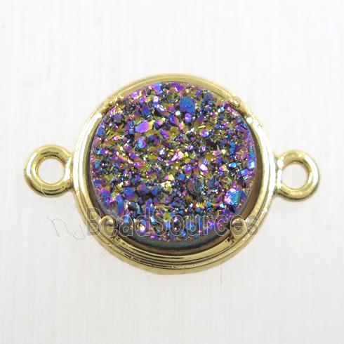 rainbow Druzy Agate connector, flat-round, gold plated