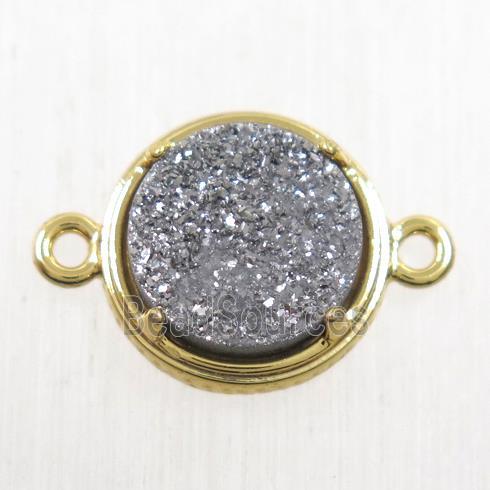 silver Druzy Agate connector, flat-round, gold plated