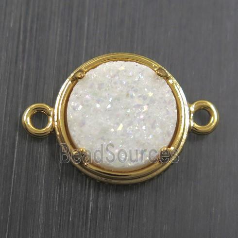 white AB-color Druzy Agate connector, flat-round, gold plated