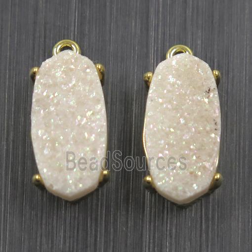 white AB-color Druzy Agate oval connector, gold plated