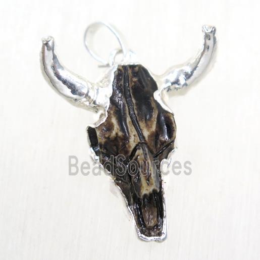 black resin bullHead pendant, silver plated