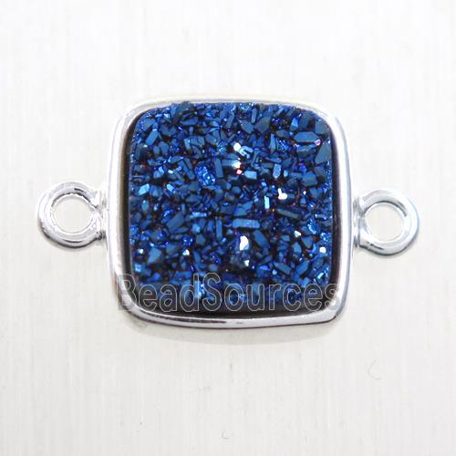 blue druzy quartz connector, square, platinum plated