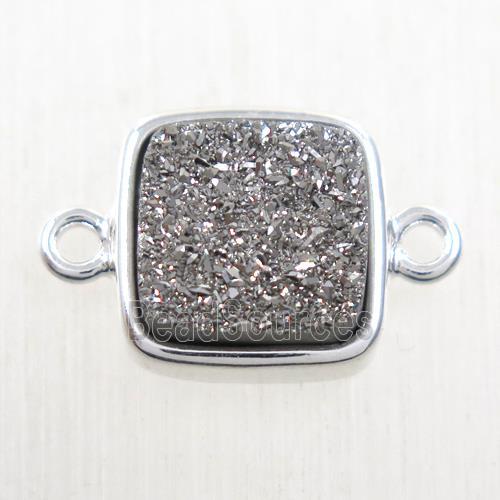 silver druzy quartz connector, square, platinum plated