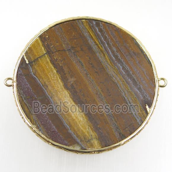 Iron Tiger eye stone connector, circle, gold plated