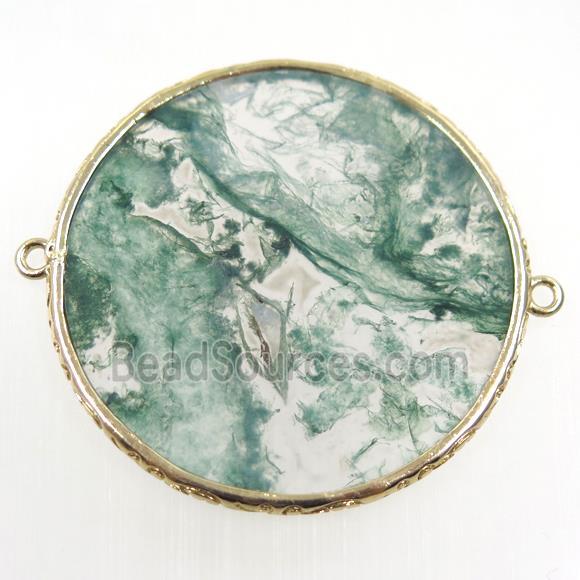 green Moss Agate connector, circle, gold plated