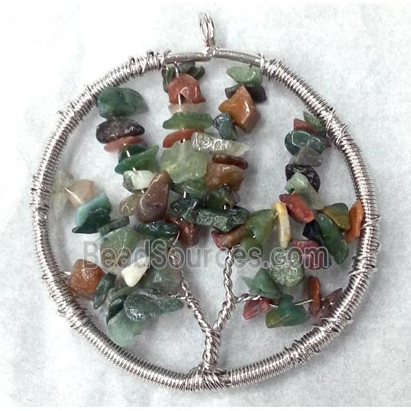 Indian Agate Chips Pendant Tree Of Life Wire Wrapped Platinum Plated