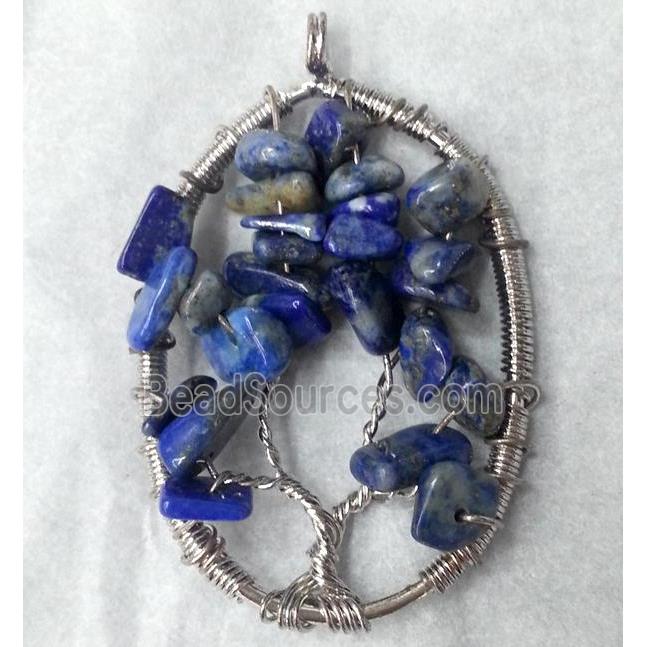 Blue Lapis Lazuli Chips Pendant Tree Of Life Wire Wrapped Platinum Plated